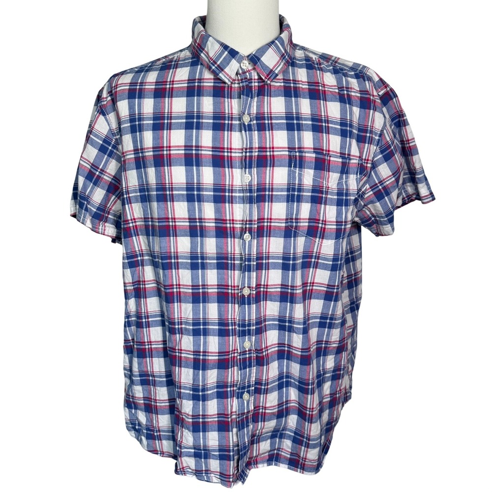DIP Men's XXL Red White Blue Plaid Short Sleeve Button Down Cotton Shirt